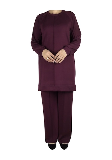 Kadın Tunik Önü Dikişli Altı Bantlı Pantolon Beli Lastikli Önü Dikişli İkili Takım Bordo