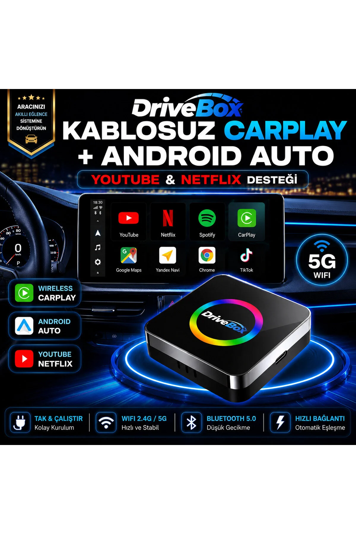 Carplay Ve Android Auto Aı Box 4gb+64gb Android 14 Youtube & Netflix Diğer