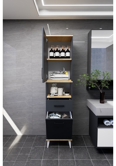 Lula Çok Amaçlı Dolap Banyo Dolabı Kirli Çamaşır Sepeti Dolabı Antrasit Antrasit