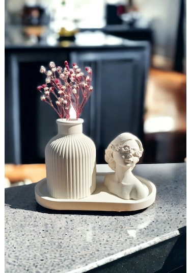 Dekoratif Kadın Figür Mini Kuru Çiçek Vazosu Set Stand Dahildir Beyaz
