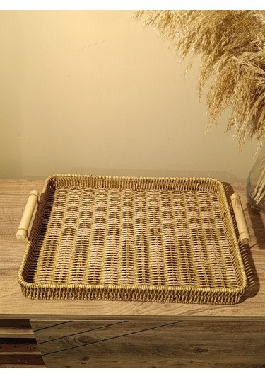 Hasır Rattan Sunum Tepsi Geniş Organizer Bambu Kulplu Dikdörtgen Diğer