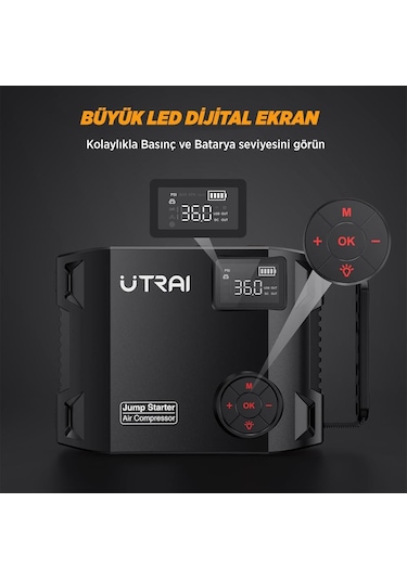 Utrai Jstar 5 24000 mAh 2000A Jump Starter + Lastik Şişirme Pompası Taşınabilir Akü Takviye Cihazı Seti