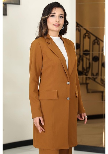 Parla Uzun Ceket Pantolon İkili Tesettür Takım Taba Taba