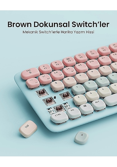 Ugreen Fun+ Renkli Tuşlu Aydınlatmalı Brown Switch Mekanik Bluetooth Kablosuz Türkçe Q Klavye