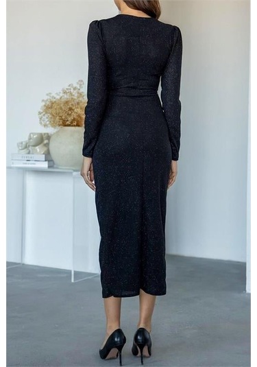 Kadın Büzgü Detaylı Simli Gece Elbisesi Dpnbmy3633 Siyah