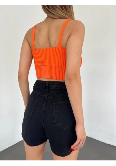 V Yaka Askılı Crop Triko Büstiyer Turuncu - Df2202 Çok Renkli