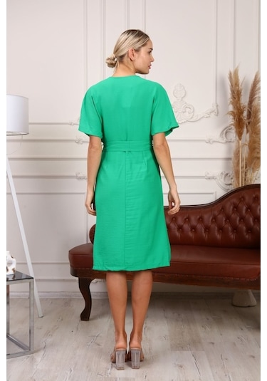 Aymeravm - Beli Kuşaklı V Yaka Kadın Elbise - Mas0820Ga Yeşil