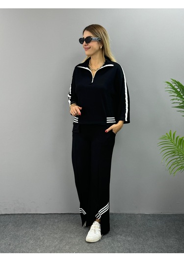 The İstanbul Kadın Polo Yaka Paça Yırtmaçlı Ribanalı İkili Takım Siyah