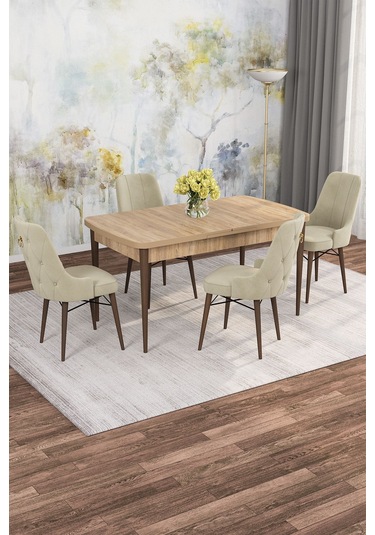 Mona Meşe 80x132 Açılabilir Mdf Masa Yemek Odası Takımı, Mutfak Takımı 4 Adet Sandalye Meşe Masa - 4 Bej - Ceviz Ayak