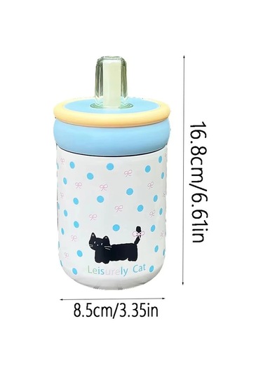 Sızdırmaz 500ml Yalıtımlı Su Bardağı Karikatür Siyah Kedi Termos Mat Siyah