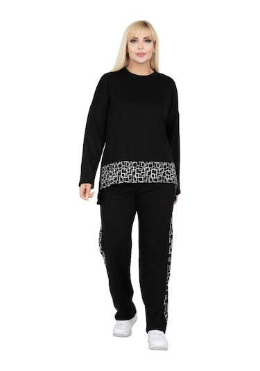 Melsay Butik Siyah Kare Şeritli Büyük Beden Kadın Eşofman Takımı Siyah