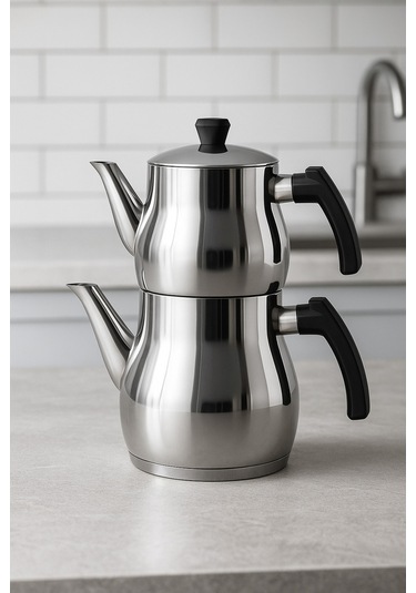 Yunusoğlu Home Klasik Çaydanlık Takımı 0,8l Demlik 1,25l Alt Demlik Paslanmaz Çelik Soğuk Tutma Saplı Gri