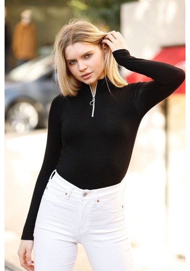 Bella Dossi Fermuar Detaylı Bluz Siyah