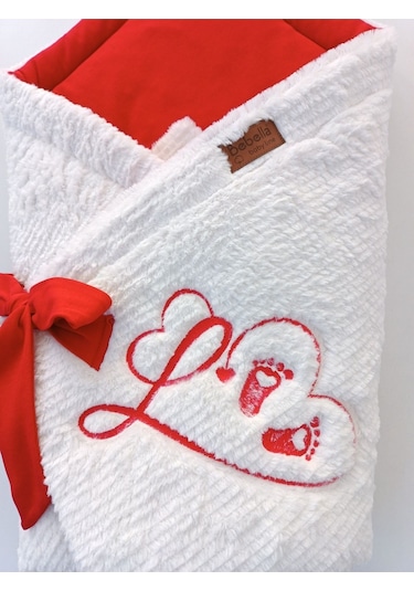 Kışlık Bebek Battaniyesi & Kundağı - Kalp Deseni İşlemeli Hastane Çıkışı Yenidoğan - Yeni Yıla Özel Ekru