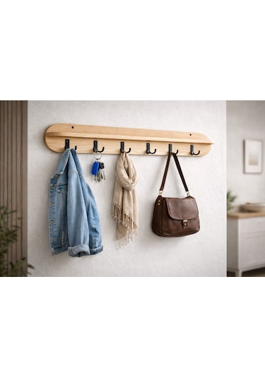 105 Cm 6 Kancalı Oval Kesim Ahsap Renk Duvara Monte Askılık Bal Meşe