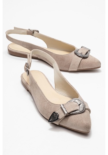 Dorothy Bej Süet Hakiki Deri Tokalı Sivri Burunlu Kadın Sandalet Süet Bej