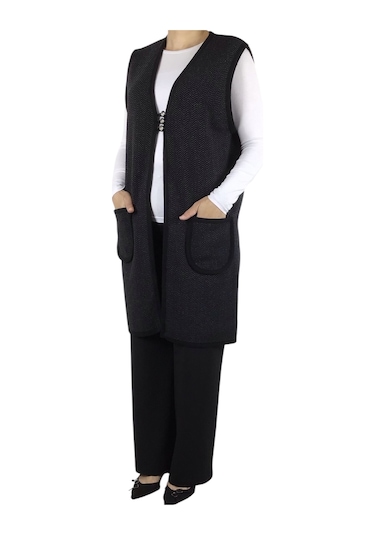 Kadın Desenli Üç Düğmeli Kalın Kışlık Yelek Siyah