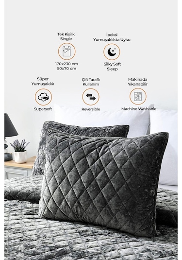 Evlen Home Kapitone Kadife Yatak Örtüsü Seti Tek Kişilik Supersoft 2 Parça Yumuşak Elyaf Dolgulu Antrasit Bej