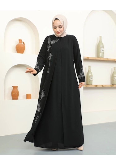 Büyük Beden Taş Detaylı Anne Elbisesi - Siyah / E0129 Siyah