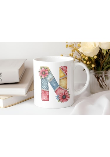 N Harfli Retro Çiçekli Kupa Bardak - Patchwork Tarz Yamalı Desenli İsme Özel Kupa - Hediye 07 Beyaz