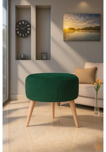 Yuvarlak Puf - 40cm - Welsoft Kumaş - Yeşil