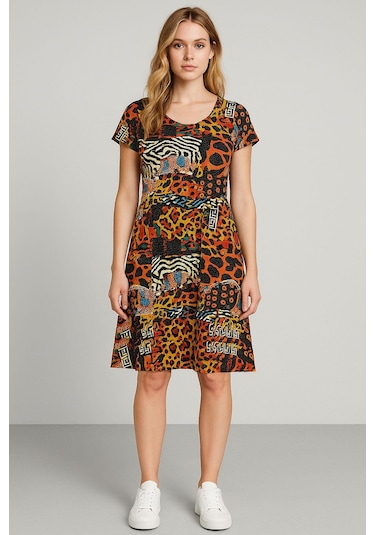 2 Adet Dökümlü Rahat Kalıp Günlük Penye Kumaş Elbise Kahverengi - Yeşil