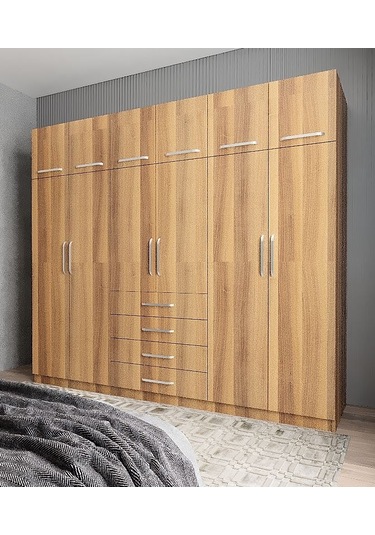 Biray 6 Kapaklı Gardırop Dolap Ceviz 208 Cm Montaj Dahil