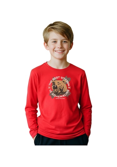 Düz Yuvarlak Yaka Bearr Baskı Detaylı Erkek Çocuk Sweatshirt Kırmızı