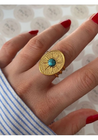 Pinery Jewels Firuze Taşlı Paslanmaz Çelik Kararmaz Ayarlanabilir Gold Yüzük Altın