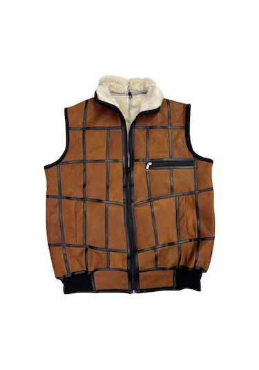 Içi Kürk-Dışı Süet Gerçek Deri Yakalı Ve Trikolu Yelek Tarçın