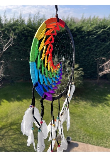 7 Çakra Renkli Siyah Süet Kasnaklı Büyük Rüya Kapanı -27cm Çap