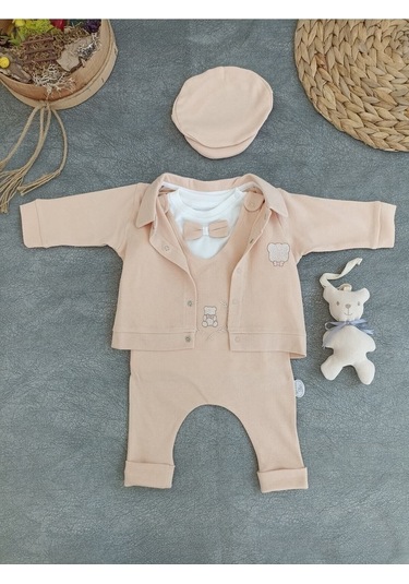 Vizon Rengi Kız Erkek Bebek Takımı - Oyuncaklı & Şapkalı 5'li Set - Altınbaşak - Pamuklu Ten Rengi