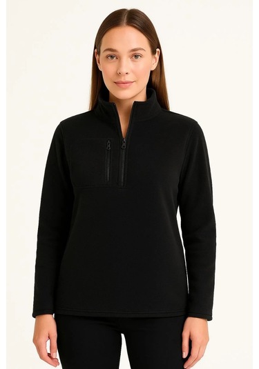 Kadın Polar Kazak Dik Yaka, Yarım Fermuarlı, Fermuarlı Göğüs Cepli, Siyah Biyeli, Kışlık Rahat Reg Siyah