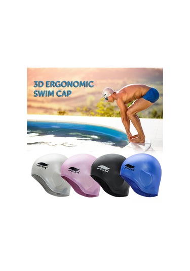 Geeksen Gri Silikon Yüzme Şapka 3d Kulak Koruyucu + Burun Klembi + Kulak Tıkacı - Temizliği Kolay, Hızlı Kuruyan Gri