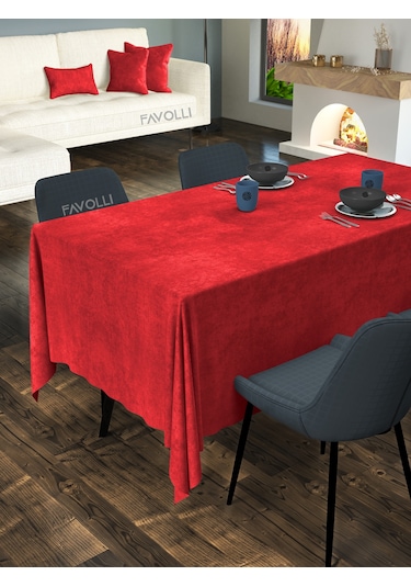 Kadife Dokulu Kırmızı Renk Masa Örtüsü Kırmızı