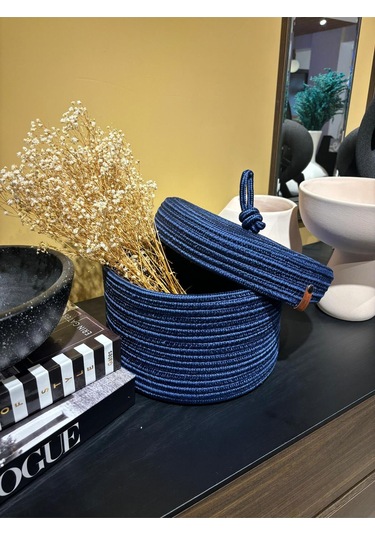 Walnut Kapaklı Jüt Sepet Lacivert