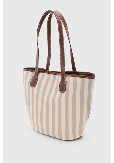 Housebags Krem Çizgili Deri Askılı Plaj Çantası Krem Çizgili