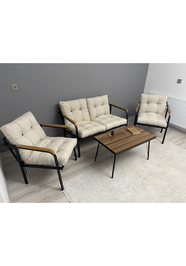 Modern Mars Balkon, Bahçe, Cafe - Metal Kanepe Koltuk Takımı - 2+1+1 + Sehpa Krem Modernsh33 Krem