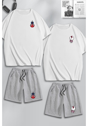 Unisex Kadın Erkek Hello Kitty Spiderman Baskılı Sevgili Çift Kombini Tasarım Oversize Tshirt V Şort Beyaz Gri Mck0284 Beyaz Gri