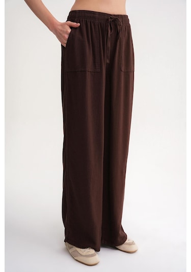 4629 Kadın Bol Paça Yüksek Bel Viskon Palazzo Pantolon Kahve Kahve
