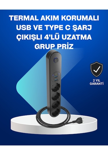 Akıllı Akım Dengelemeli 4 Lü Çoklu Priz Type-c Ve Usb Çıkışlı 0