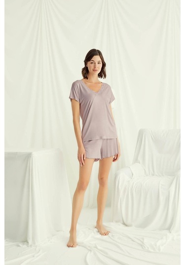 Monamise 18514 Kadın V Yaka Kısa Kollu Şortlu Pijama Takımı-vizon Vizon