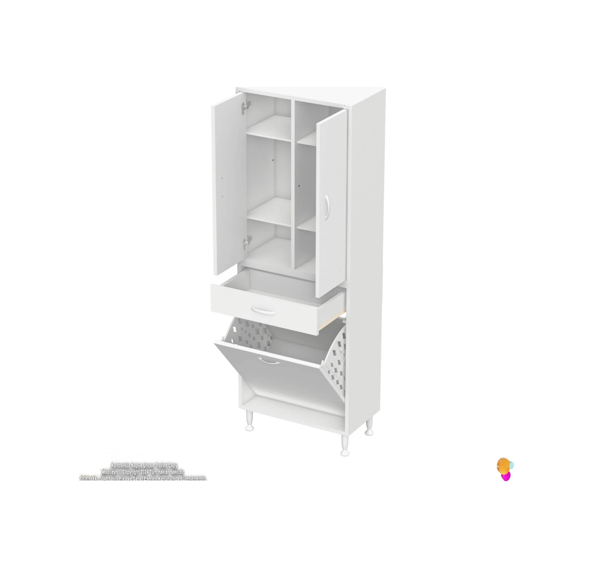 Yeni Kayra Tek Çekmece, 1 Göz Sepet, 2 Kapak, 6 Raf Dar Alan Banyo Dolabı 65x173x32,5 Cm Beyaz