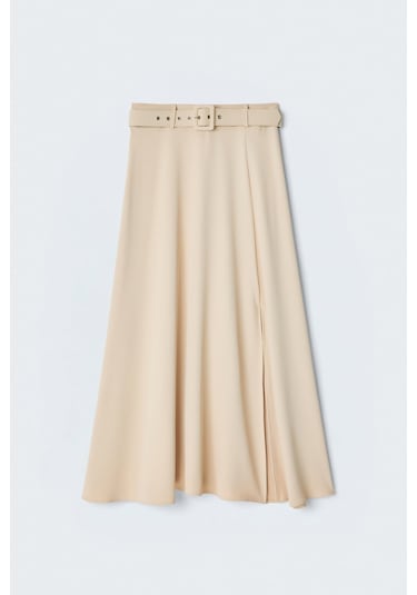 Sateen Kemerli Yırtmaç Detaylı Kloş Etek - Bej-137416