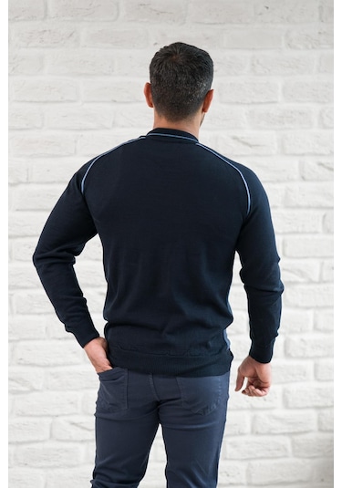 San&fa Yarım Balıkçı Desenli Slimfit Yünlü Triko Kazak Lacivert