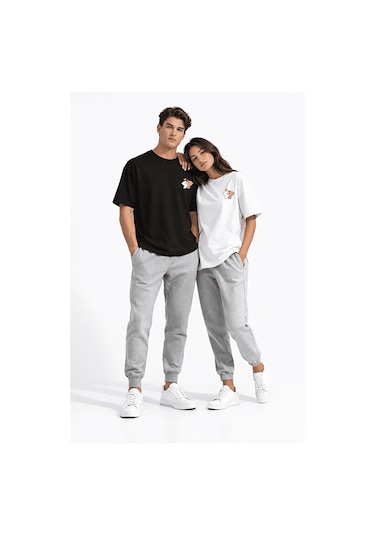 Sevgili Kombini Ayıcık Baskılı Çift Tişört Oversize Unisex Partne Siyah-beyaz