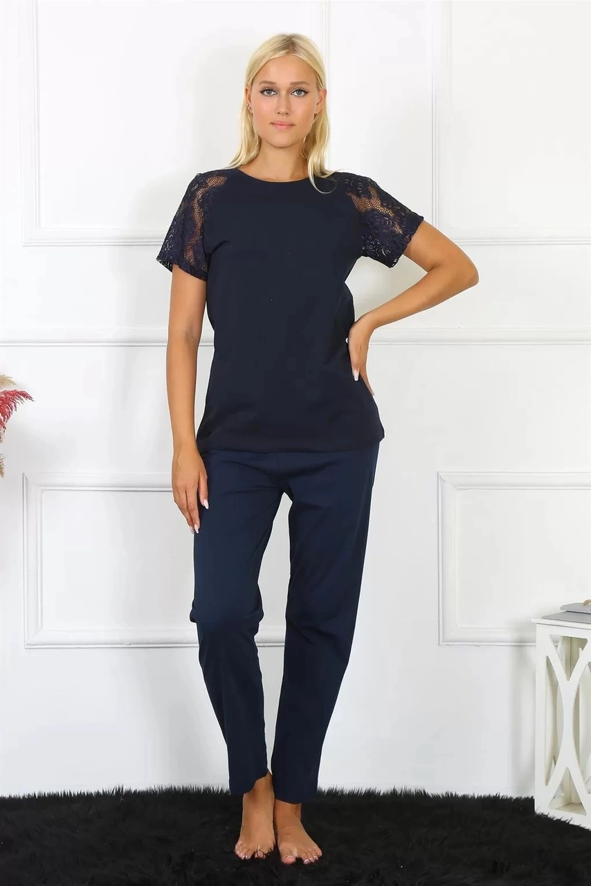 Moda Kadın Kolu Dantelli Penye Pijama Takım Lacivert Lacivert