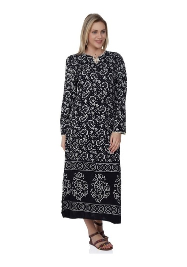 Uzun Kol Pamuk Taş Baskı Uzun Elbise Yoğun Desen