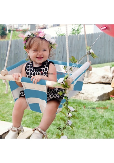 Bundera Ahşap Bebek Salıncak Çocuk Beşik Hamak Salıncağı Mavi Çizgili