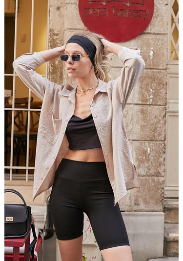 Kadın Likrasız Keten Kumaş Yakalı Cepli Düşük Omuzlu Salaş Oversize Tunik Gömlek-bej Bej